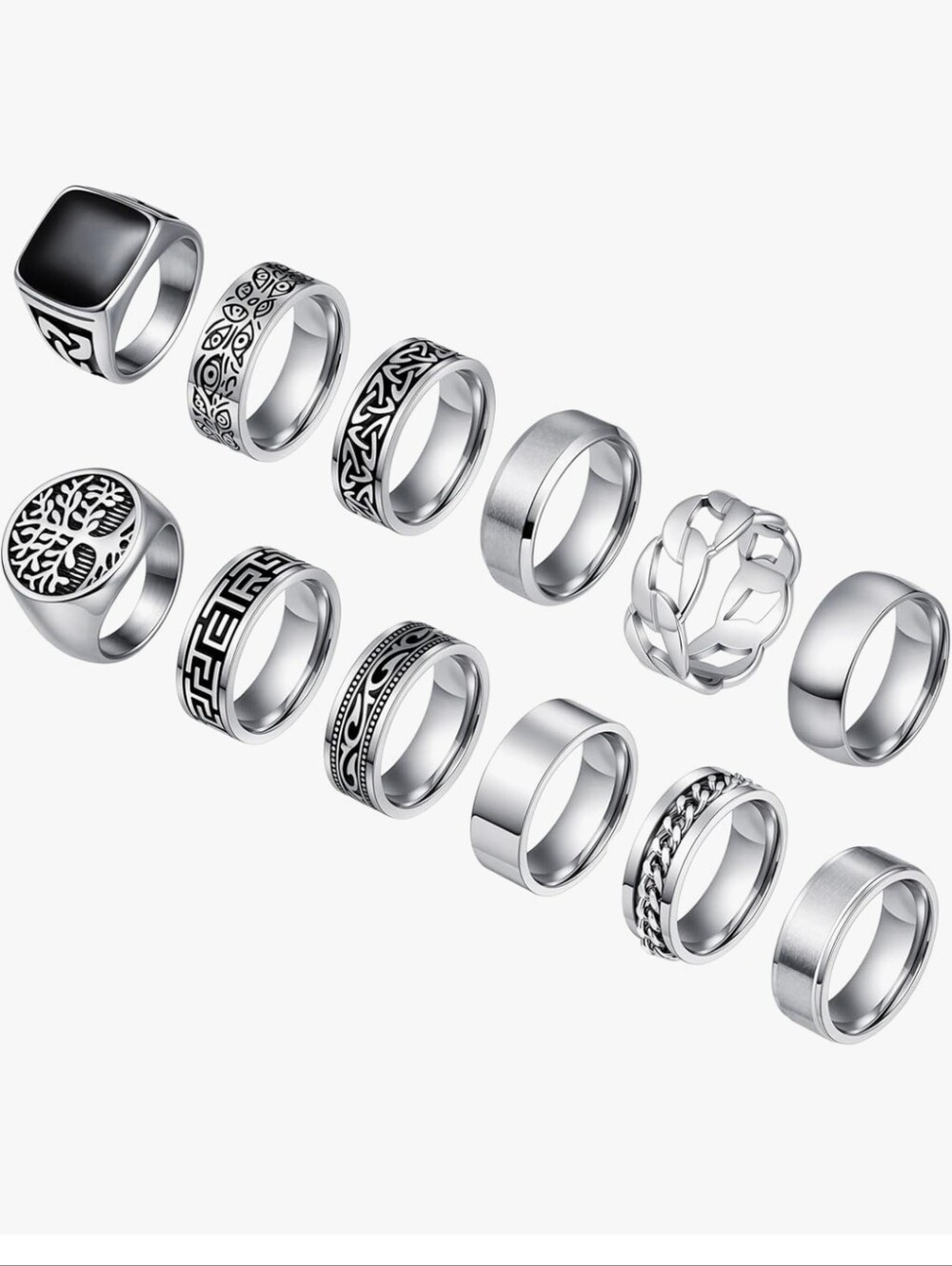 Men's Stainless Steel Ring Set - 12 Silver Statement Bands